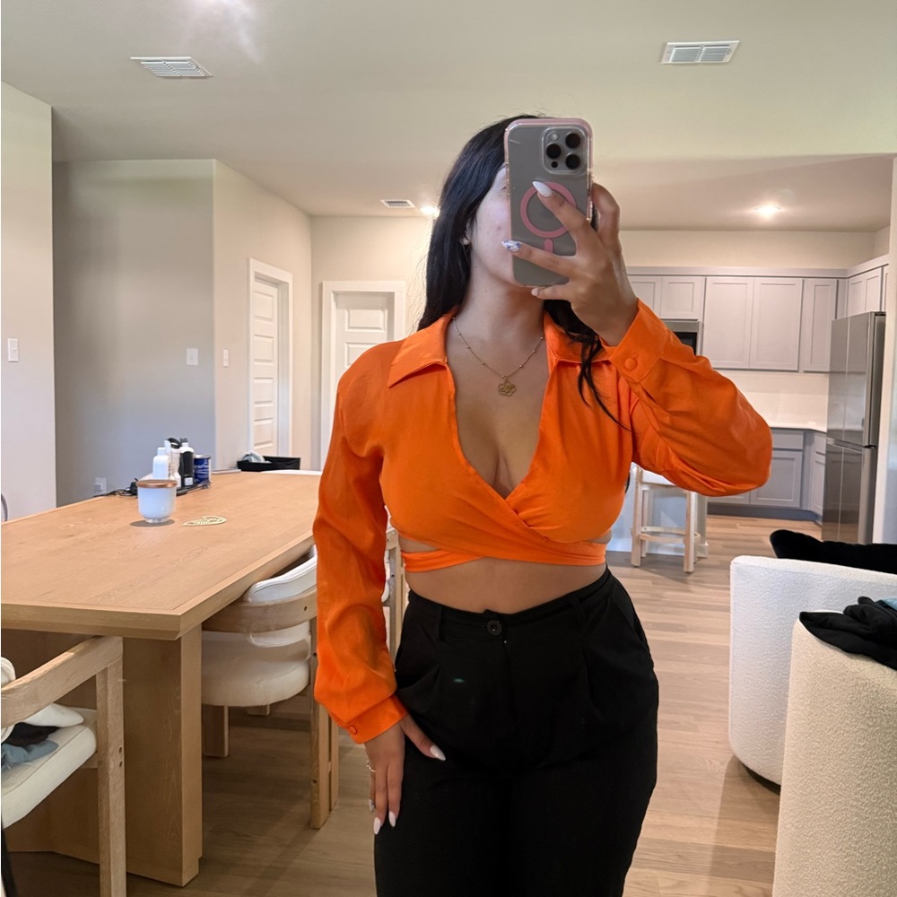 Cropped Wrap Blouse in Bright Orange - Women's Top